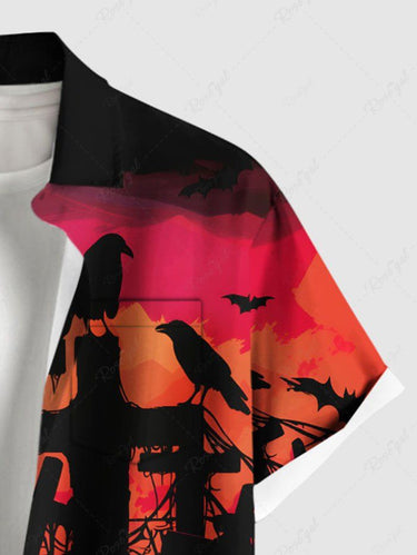 Gothic Plus Size Halloween Cross Tomb Crow Ombre Print Buttons Pocket Shirt For Men