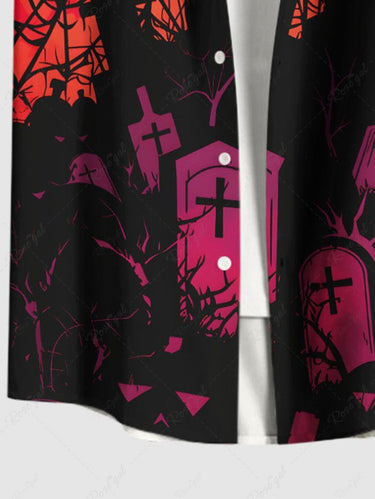 Gothic Plus Size Halloween Cross Tomb Crow Ombre Print Buttons Pocket Shirt For Men