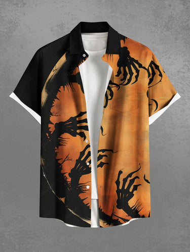 Gothic Plus Size Halloween Tree Colorblock Skeleton Claw Print Buttons Pocket Shirt For Men