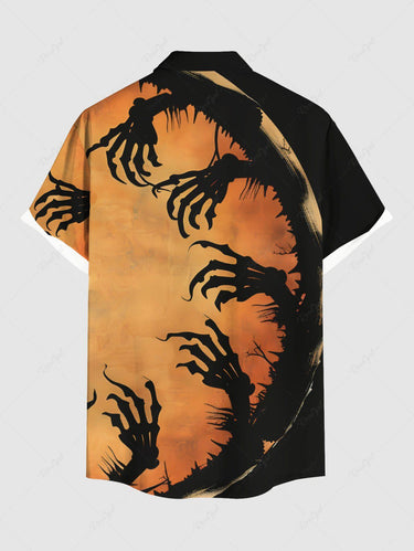 Gothic Plus Size Halloween Tree Colorblock Skeleton Claw Print Buttons Pocket Shirt For Men
