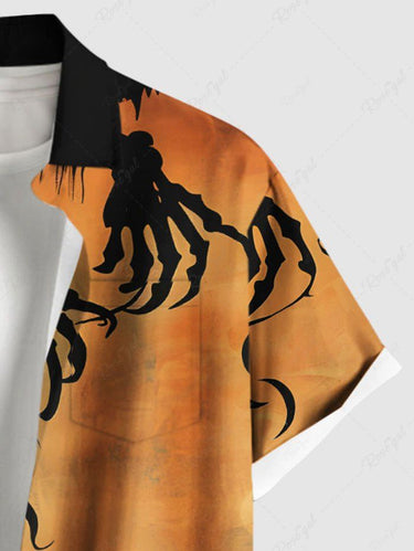 Gothic Plus Size Halloween Tree Colorblock Skeleton Claw Print Buttons Pocket Shirt For Men