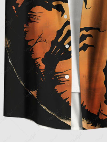 Gothic Plus Size Halloween Tree Colorblock Skeleton Claw Print Buttons Pocket Shirt For Men