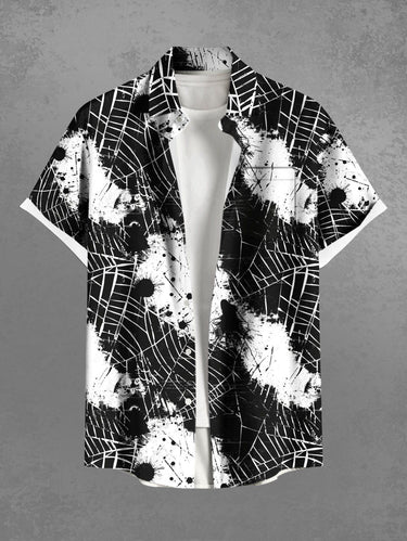 Gothic Plus Size Halloween Spider Web Paint Splatter Print Buttons Pocket Shirt For Men