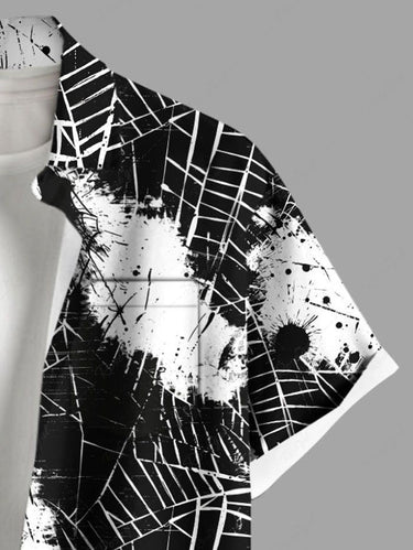 Gothic Plus Size Halloween Spider Web Paint Splatter Print Buttons Pocket Shirt For Men