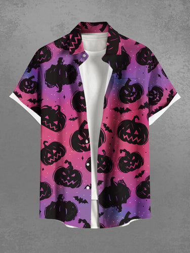 Gothic Plus Size Halloween Pumpkin Bat Ombre Colorblock Print Buttons Pocket Shirt For Men