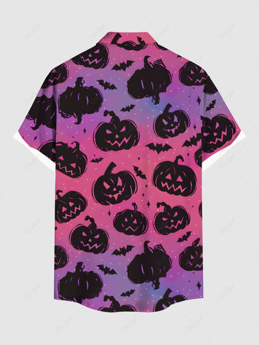 Gothic Plus Size Halloween Pumpkin Bat Ombre Colorblock Print Buttons Pocket Shirt For Men