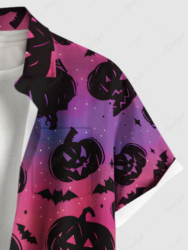 Gothic Plus Size Halloween Pumpkin Bat Ombre Colorblock Print Buttons Pocket Shirt For Men