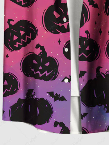 Gothic Plus Size Halloween Pumpkin Bat Ombre Colorblock Print Buttons Pocket Shirt For Men