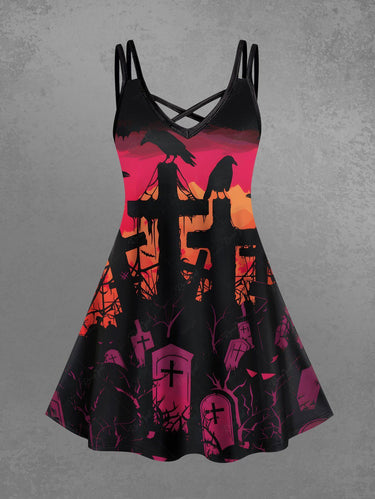 Gothic Plus Size Halloween Cross Tomb Crow Ombre Print Crisscross Cami Dress