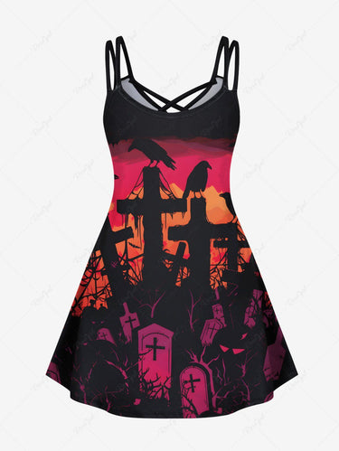 Gothic Plus Size Halloween Cross Tomb Crow Ombre Print Crisscross Cami Dress