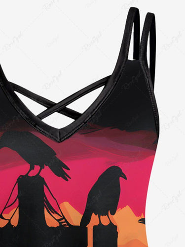 Gothic Plus Size Halloween Cross Tomb Crow Ombre Print Crisscross Cami Dress