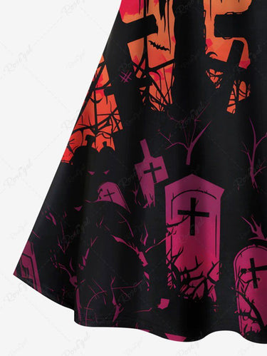 Gothic Plus Size Halloween Cross Tomb Crow Ombre Print Crisscross Cami Dress