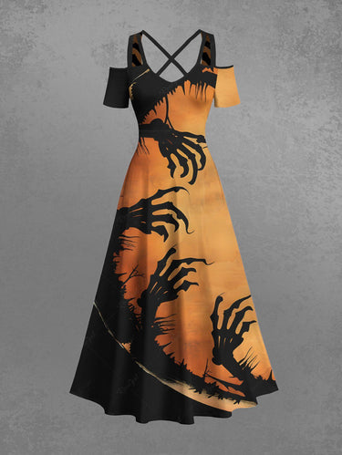 Gothic Plus Size Halloween Tree Colorblock Skeleton Claw Print Cold Shoulder Crisscross Maxi Dress
