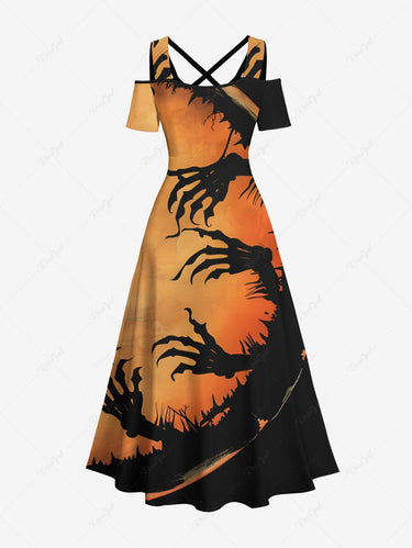 Gothic Plus Size Halloween Tree Colorblock Skeleton Claw Print Cold Shoulder Crisscross Maxi Dress