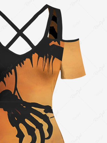 Gothic Plus Size Halloween Tree Colorblock Skeleton Claw Print Cold Shoulder Crisscross Maxi Dress