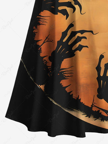 Gothic Plus Size Halloween Tree Colorblock Skeleton Claw Print Cold Shoulder Crisscross Maxi Dress
