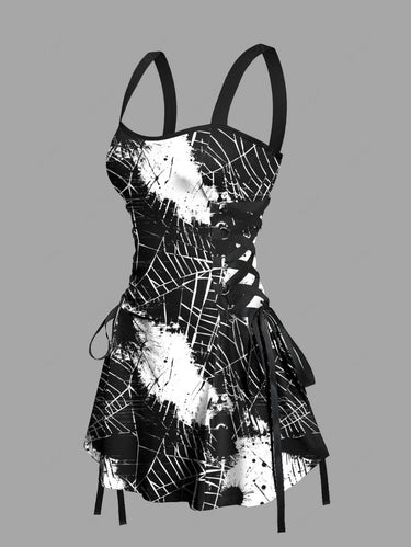 Gothic Halloween Spider Web Paint Splatter Print Lace Up Tank Dress