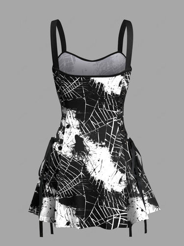 Gothic Halloween Spider Web Paint Splatter Print Lace Up Tank Dress