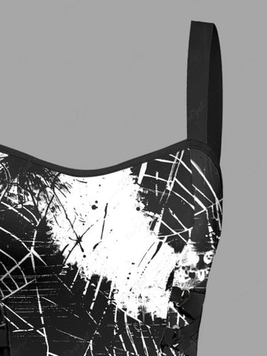 Gothic Halloween Spider Web Paint Splatter Print Lace Up Tank Dress