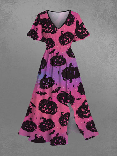Gothic Plus Size Halloween Pumpkin Bat Ombre Colorblock Print Split Midi Dress