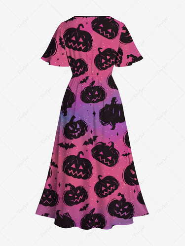 Gothic Plus Size Halloween Pumpkin Bat Ombre Colorblock Print Split Midi Dress