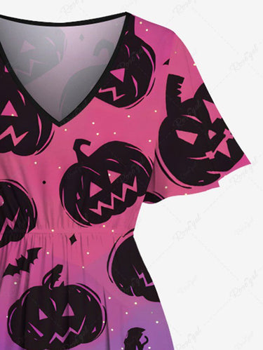 Gothic Plus Size Halloween Pumpkin Bat Ombre Colorblock Print Split Midi Dress