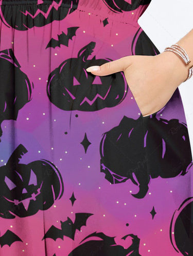 Gothic Plus Size Halloween Pumpkin Bat Ombre Colorblock Print Split Midi Dress