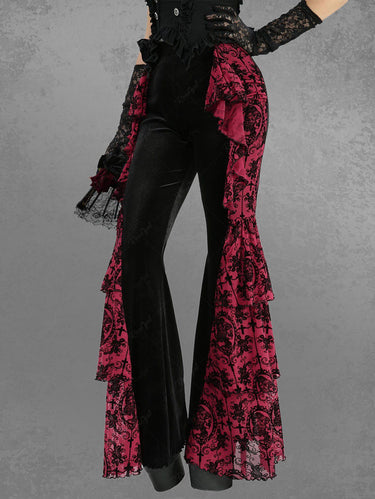 Gothic Flower Cross Flocking Ruffles Patchwork Velvet Flare Pants