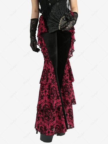 Gothic Flower Cross Flocking Ruffles Patchwork Velvet Flare Pants