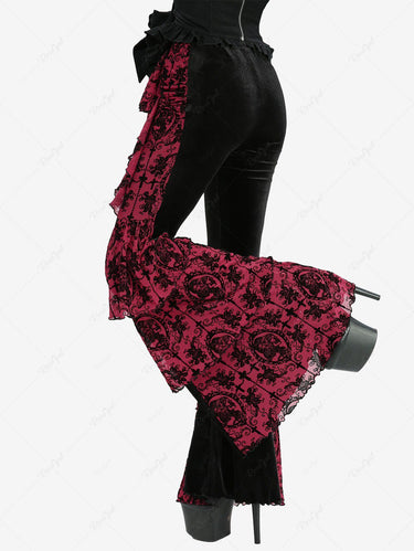 Gothic Flower Cross Flocking Ruffles Patchwork Velvet Flare Pants