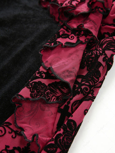 Gothic Flower Cross Flocking Ruffles Patchwork Velvet Flare Pants