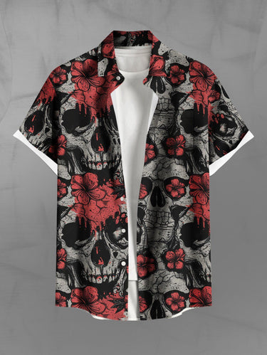 Gothic Plus Size Halloween Skulls Flowers Print Buttons Pocket Shirt For Men