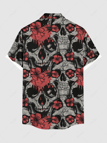 Gothic Plus Size Halloween Skulls Flowers Print Buttons Pocket Shirt For Men
