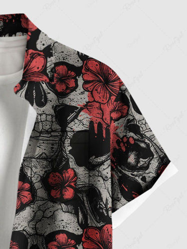 Gothic Plus Size Halloween Skulls Flowers Print Buttons Pocket Shirt For Men