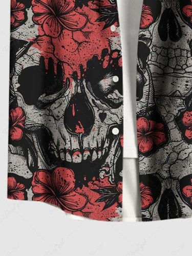 Gothic Plus Size Halloween Skulls Flowers Print Buttons Pocket Shirt For Men