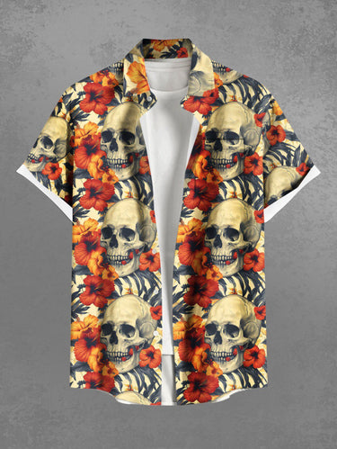 Gothic Plus Size Skulls Hibiscus Flowers Print Buttons Pocket Shirt For Men