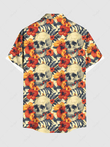 Gothic Plus Size Skulls Hibiscus Flowers Print Buttons Pocket Shirt For Men
