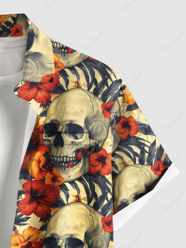 Gothic Plus Size Skulls Hibiscus Flowers Print Buttons Pocket Shirt For Men