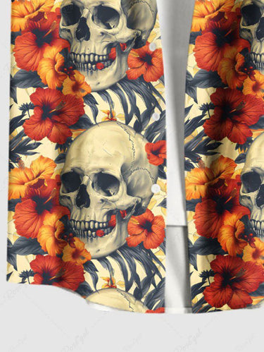 Gothic Plus Size Skulls Hibiscus Flowers Print Buttons Pocket Shirt For Men
