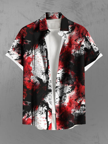 Gothic Plus Size Halloween Newspaper Clock Paint Splatter Print Buttons Pocket Shirt For Men