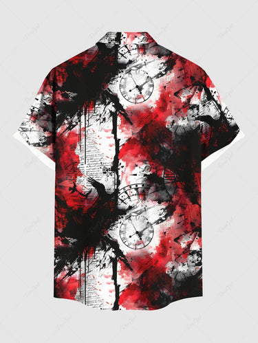 Gothic Plus Size Halloween Newspaper Clock Paint Splatter Print Buttons Pocket Shirt For Men