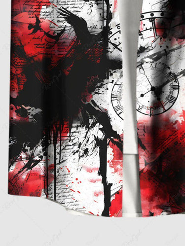 Gothic Plus Size Halloween Newspaper Clock Paint Splatter Print Buttons Pocket Shirt For Men