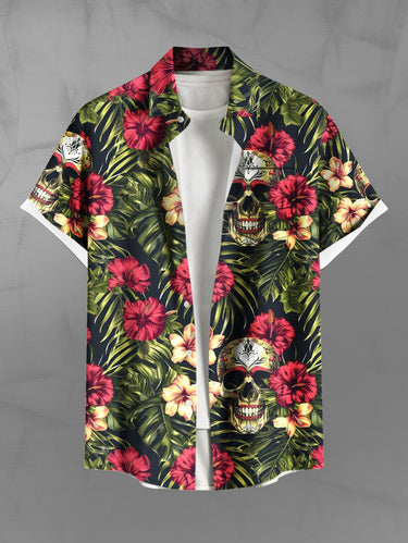 Gothic Plus Size Halloween Skulls Hibiscus Flowers Tropical Leaf Print Buttons Pocket Shirt For Men