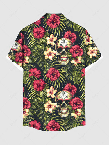 Gothic Plus Size Halloween Skulls Hibiscus Flowers Tropical Leaf Print Buttons Pocket Shirt For Men