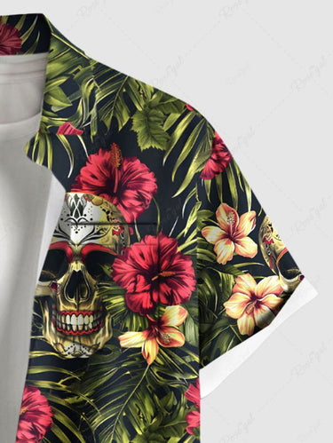 Gothic Plus Size Halloween Skulls Hibiscus Flowers Tropical Leaf Print Buttons Pocket Shirt For Men