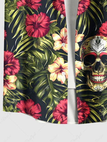 Gothic Plus Size Halloween Skulls Hibiscus Flowers Tropical Leaf Print Buttons Pocket Shirt For Men