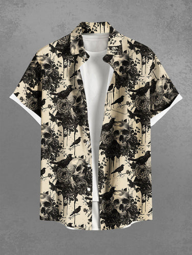 Gothic Plus Size Halloween Crow Skulls Rose Flowers Print Buttons Pocket Shirt For Men