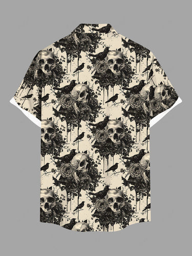 Gothic Plus Size Halloween Crow Skulls Rose Flowers Print Buttons Pocket Shirt For Men