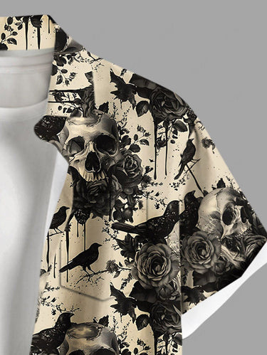 Gothic Plus Size Halloween Crow Skulls Rose Flowers Print Buttons Pocket Shirt For Men