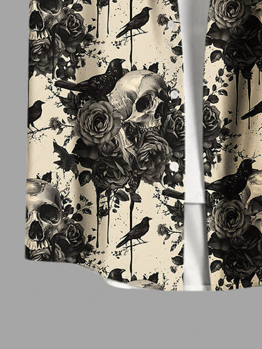 Gothic Plus Size Halloween Crow Skulls Rose Flowers Print Buttons Pocket Shirt For Men